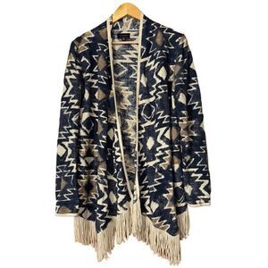 Lucky brand Aztec print fringed brushed knit cardigan M